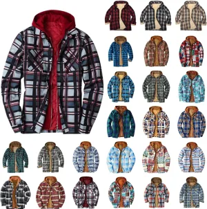 aihihe Men's Hooded Quilted Lined Flannel Shirt Jacket Plus Size Long Sleeve Plaid Zipper Jackets Winter Thermal Outerwear