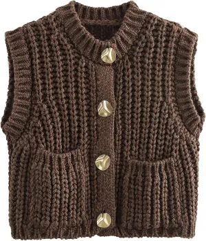 Flygo Womens Sleeveless Crop Chunky Knit Cardigan Trendy Button Down Cropped Knitted Sweater Vest Tops with Pockets