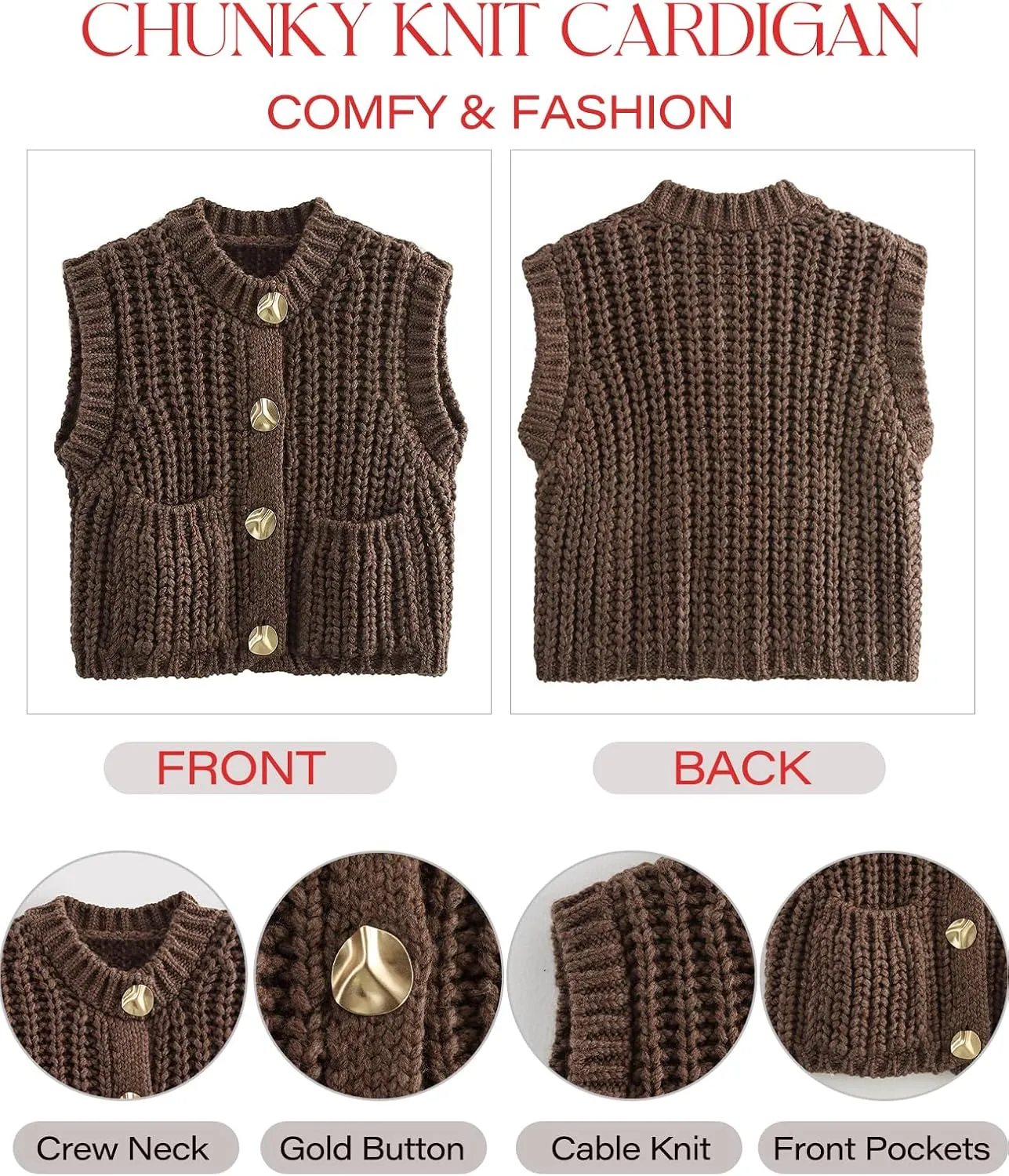 Flygo Womens Sleeveless Crop Chunky Knit Cardigan Trendy Button Down Cropped Knitted Sweater Vest Tops with Pockets