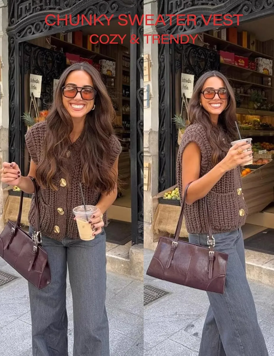 Flygo Womens Sleeveless Crop Chunky Knit Cardigan Trendy Button Down Cropped Knitted Sweater Vest Tops with Pockets