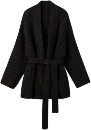 Mid-Length Merino Wool Blend Open Cardigan Long Sleeve Cable Knitted Sweater for Women