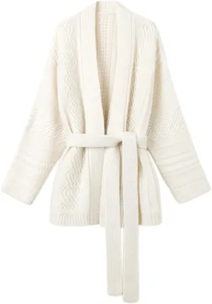 Mid-Length Merino Wool Blend Open Cardigan Long Sleeve Cable Knitted Sweater for Women