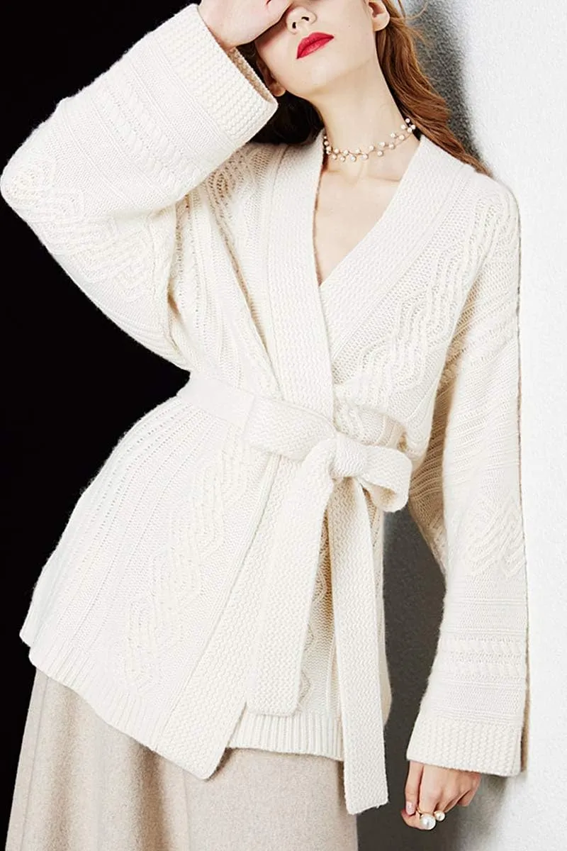 Mid-Length Merino Wool Blend Open Cardigan Long Sleeve Cable Knitted Sweater for Women