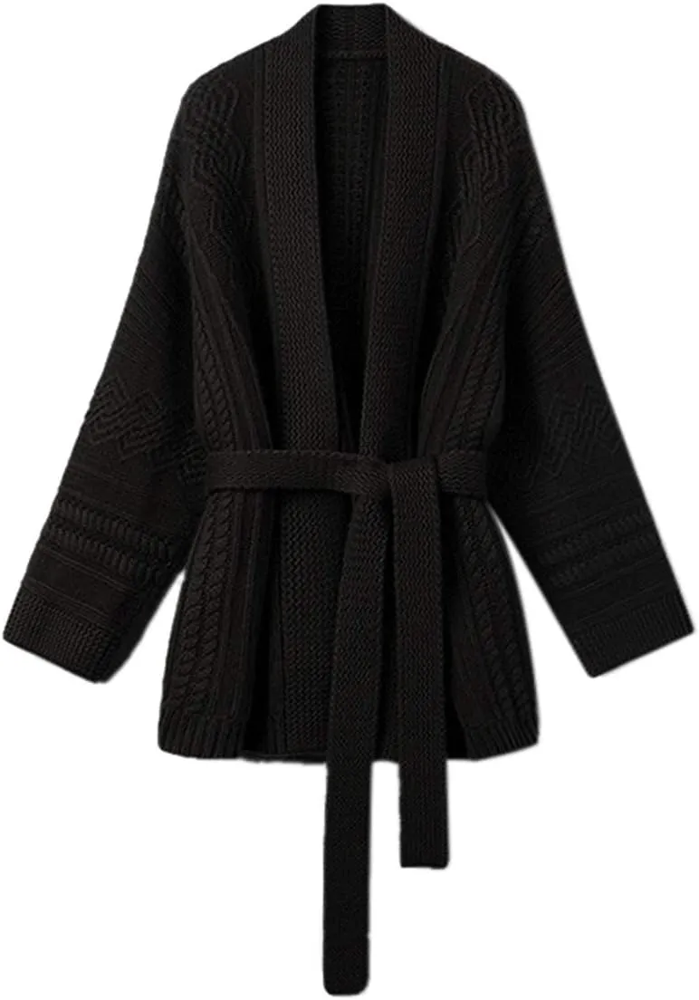 Mid-Length Merino Wool Blend Open Cardigan Long Sleeve Cable Knitted Sweater for Women