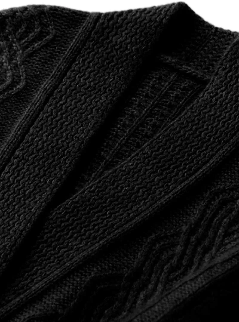 Mid-Length Merino Wool Blend Open Cardigan Long Sleeve Cable Knitted Sweater for Women