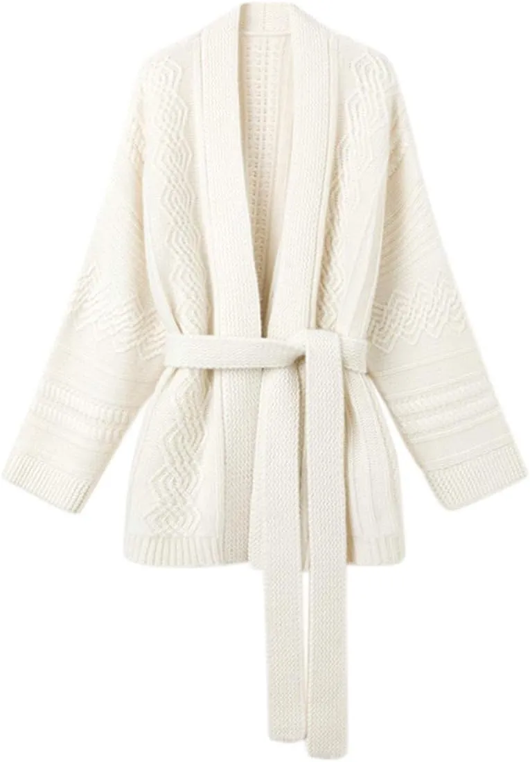 Mid-Length Merino Wool Blend Open Cardigan Long Sleeve Cable Knitted Sweater for Women