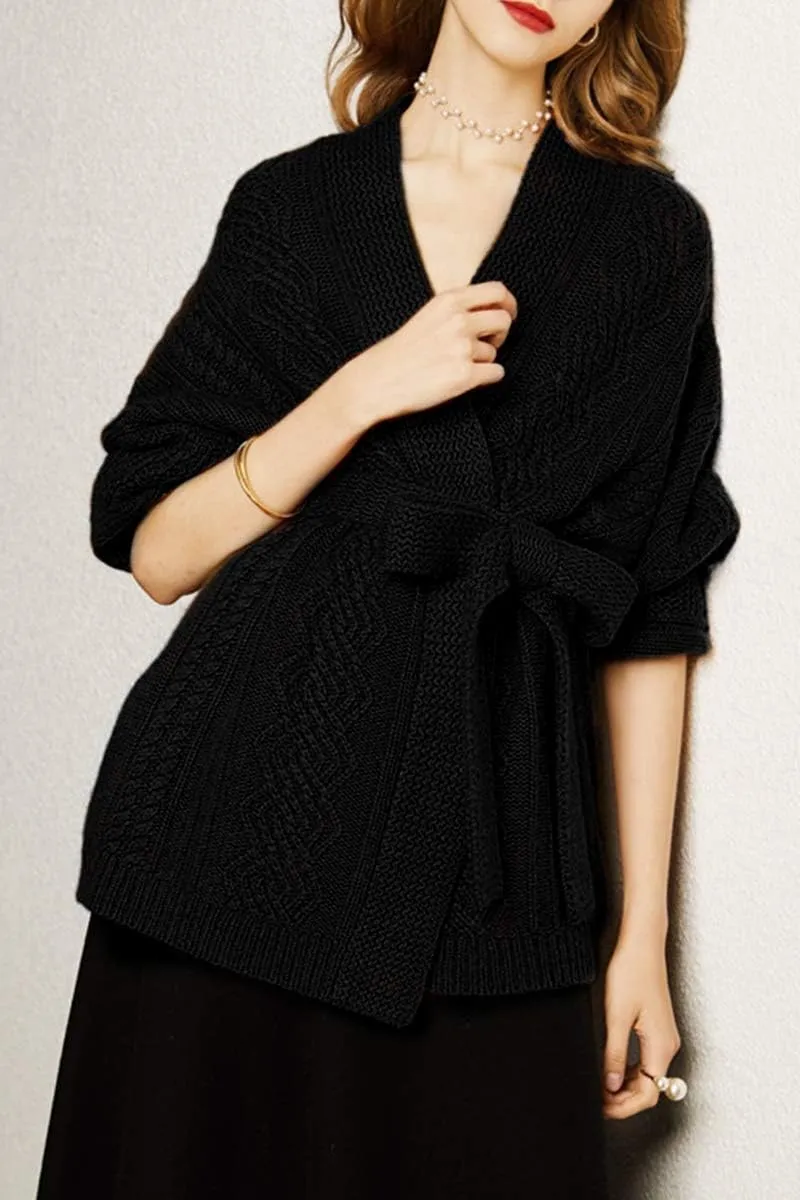 Mid-Length Merino Wool Blend Open Cardigan Long Sleeve Cable Knitted Sweater for Women