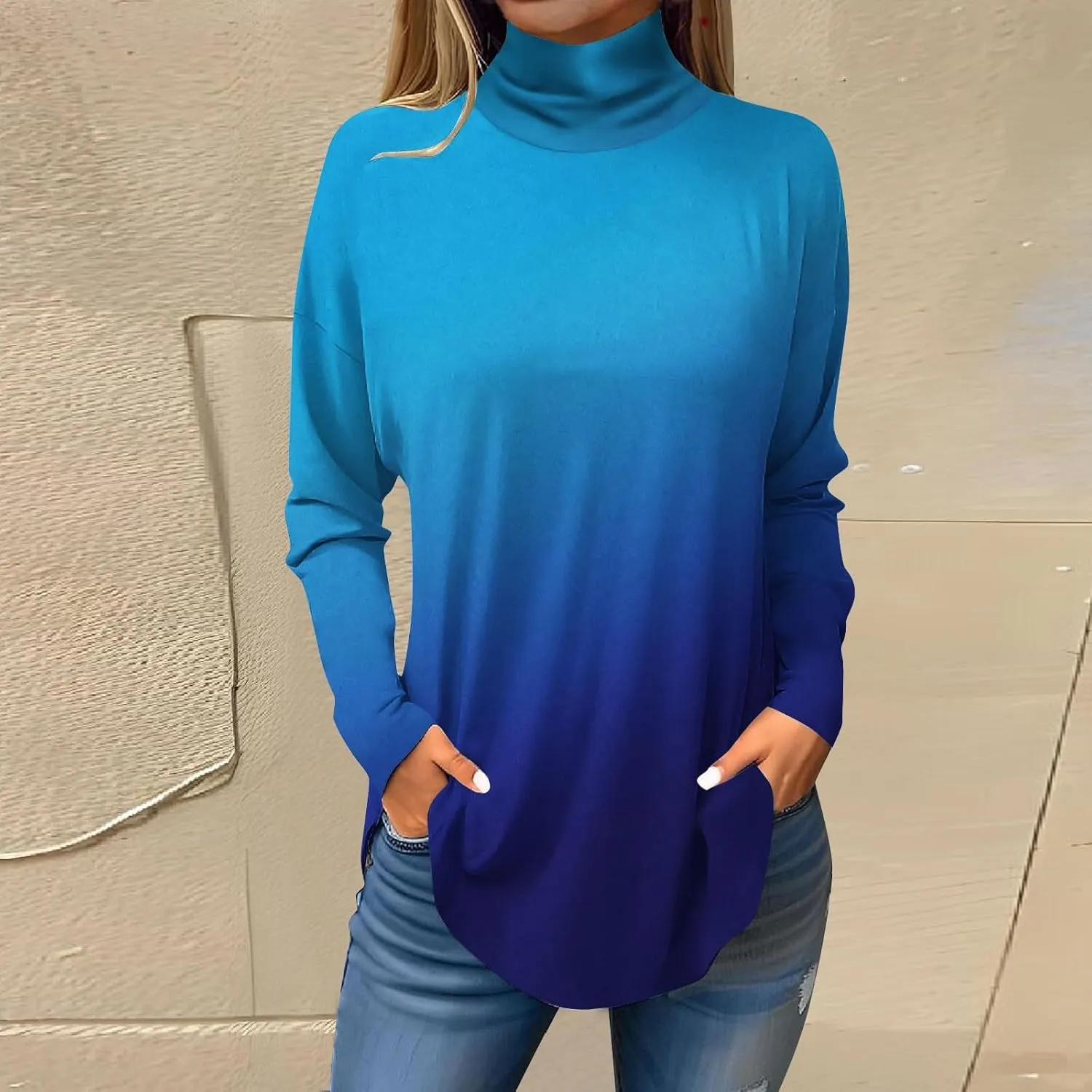 Turtle Necks Tops For Women Dressy Print Long Sleeve Shirts Trendy Mock Neck Tunic Tops Fall Casual Blouse