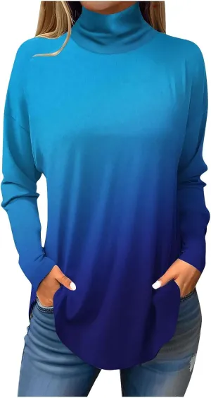 Turtle Necks Tops For Women Dressy Print Long Sleeve Shirts Trendy Mock Neck Tunic Tops Fall Casual Blouse
