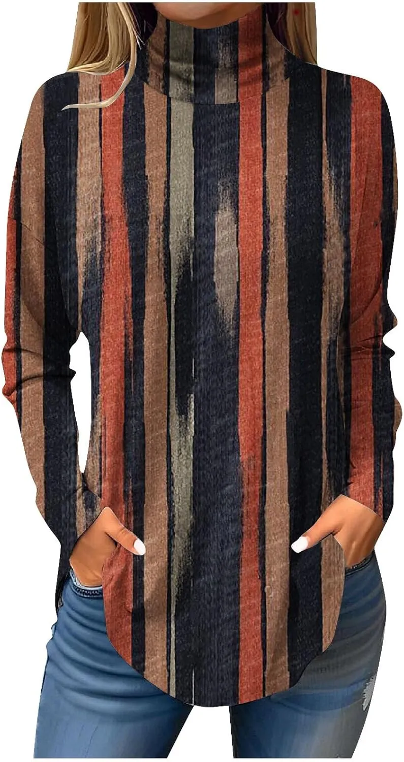 Turtle Necks Tops For Women Dressy Print Long Sleeve Shirts Trendy Mock Neck Tunic Tops Fall Casual Blouse