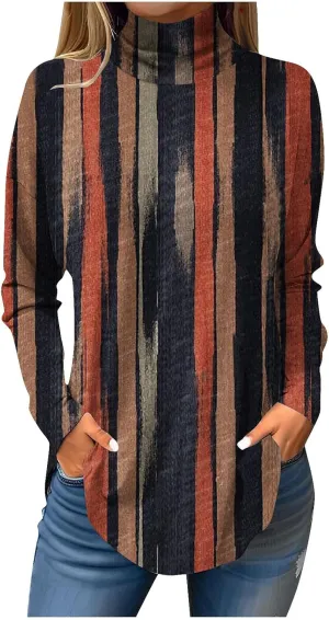 Turtle Necks Tops For Women Dressy Print Long Sleeve Shirts Trendy Mock Neck Tunic Tops Fall Casual Blouse