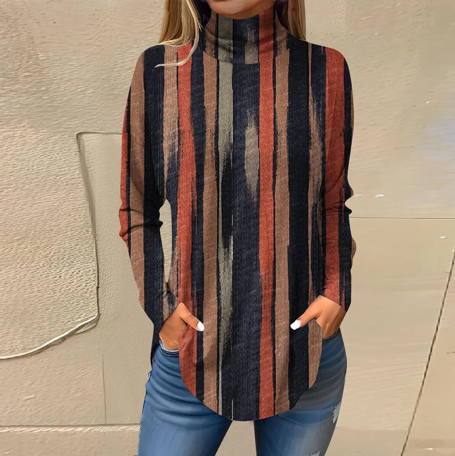 Turtle Necks Tops For Women Dressy Print Long Sleeve Shirts Trendy Mock Neck Tunic Tops Fall Casual Blouse