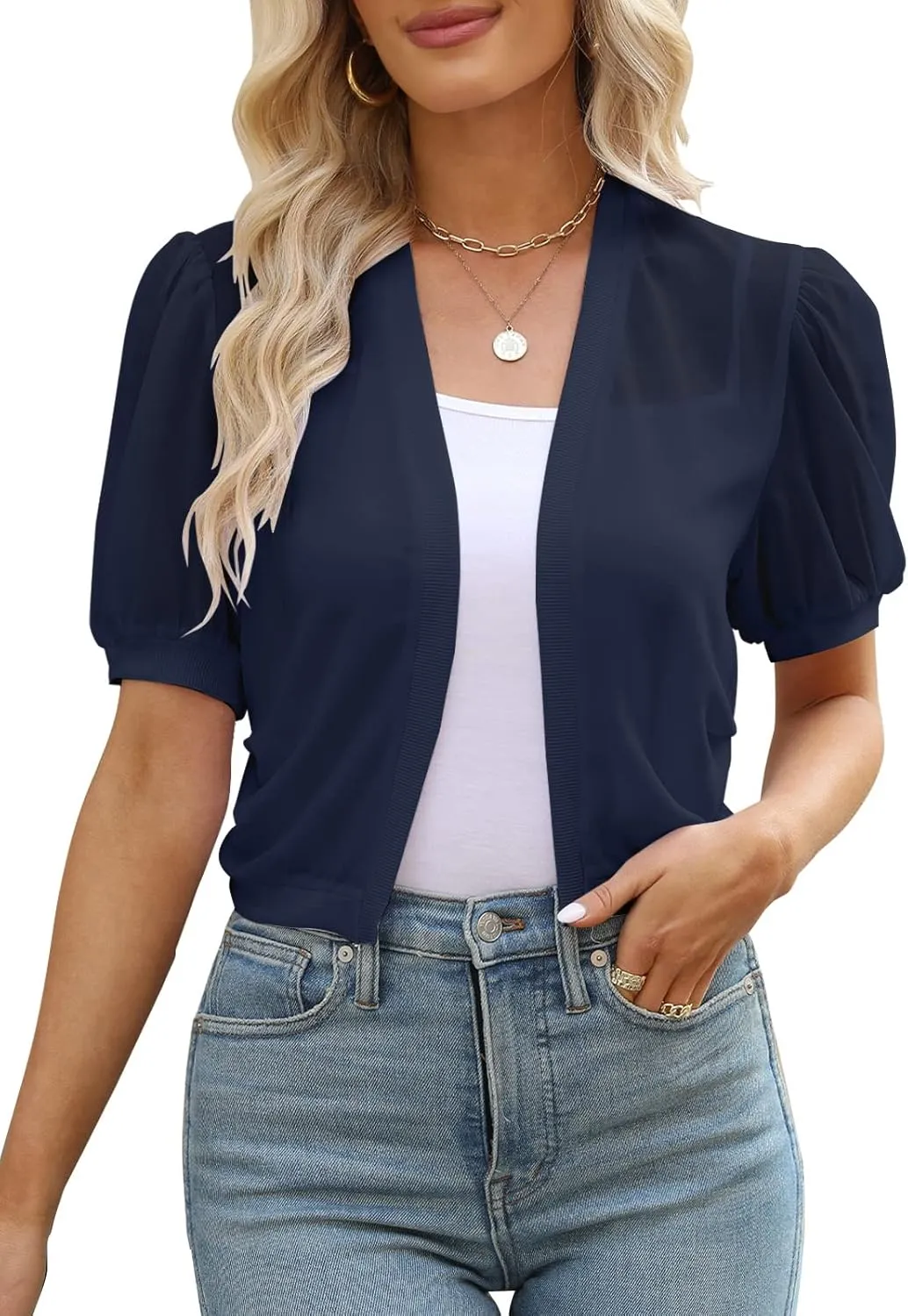 Women Summer Open Front Sheer Short Sleeve Ruffle Cropped Chiffon Capes Bolero Shrug Cardigan