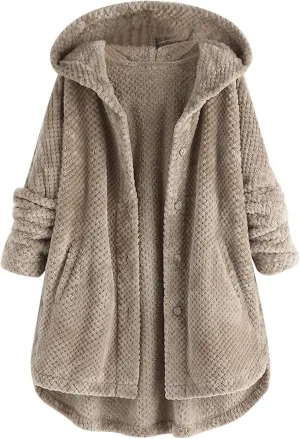 Womens Sherpa Hoodie Long Sleeve Teddy Bear Jacket Button Fluffy Pullover Fleece Faux Fur Cardigan Coats for Ladies