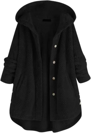 Womens Sherpa Hoodie Long Sleeve Teddy Bear Jacket Button Fluffy Pullover Fleece Faux Fur Cardigan Coats for Ladies