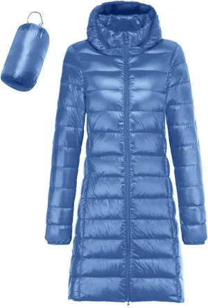 Women's Winter Packable Down Jackets Full Zip Hooded Long Puffer Jacket Outdoor Travel Warm Quilted Outwears