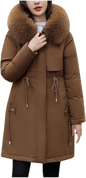 Women's Winter Quilted Coat Thick Warm Puffer Jacket Padded Down Coats with Fur Hood Knee Length Windproof Outerwear